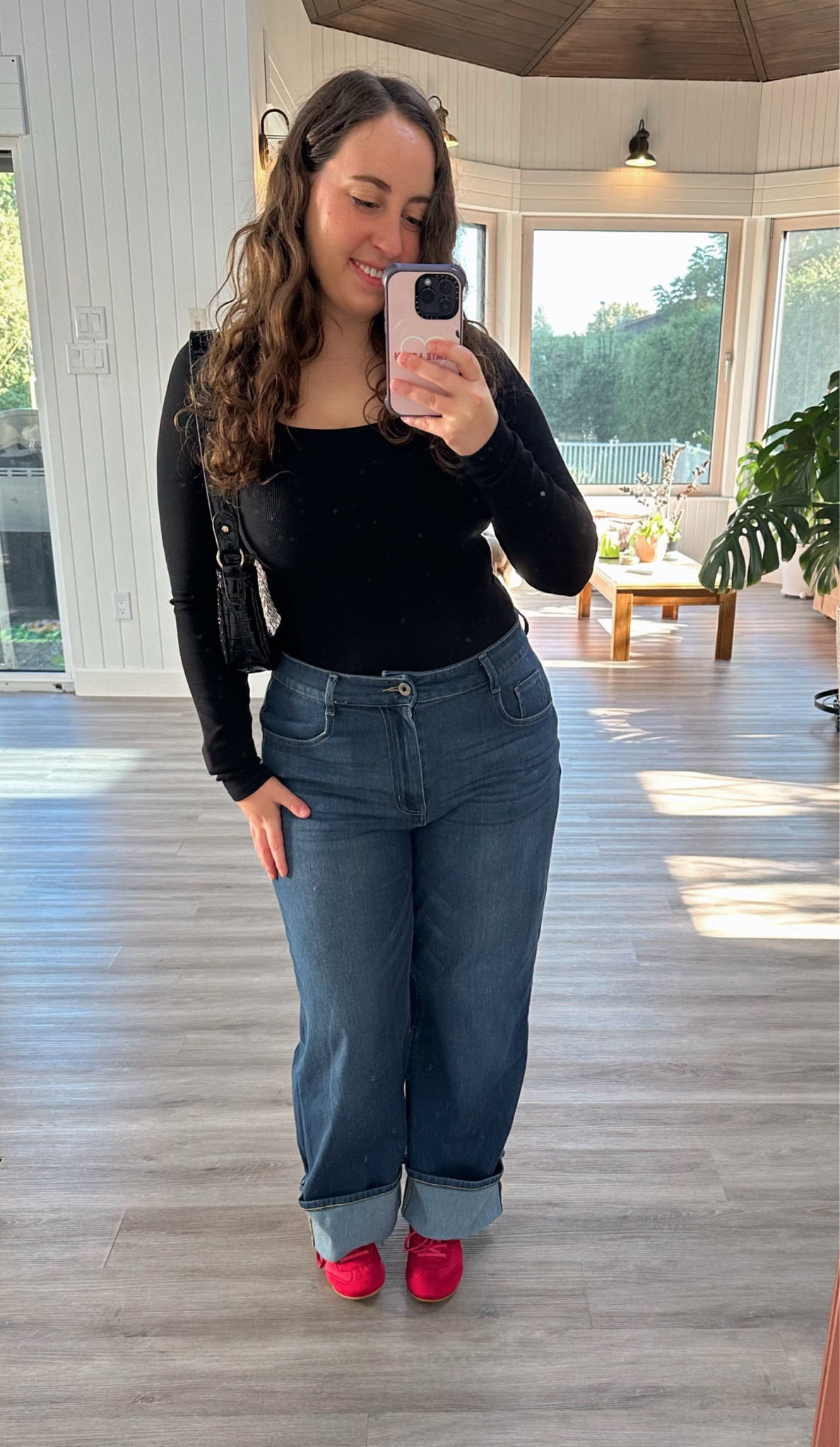 Sometimes you just need some dark jeans and a black bodysuit to make you feel cute - my go-to night out outfit! This bodysuit is the SculptRib from Knix which is a super thick and slightly compressive fabric. Very comfy and I love the neckline on it! Also love the pop of deep red with these new sneakerinas from VIVAIA

#LTKShoeCrush #LTKMidsize #LTKSeasonal
