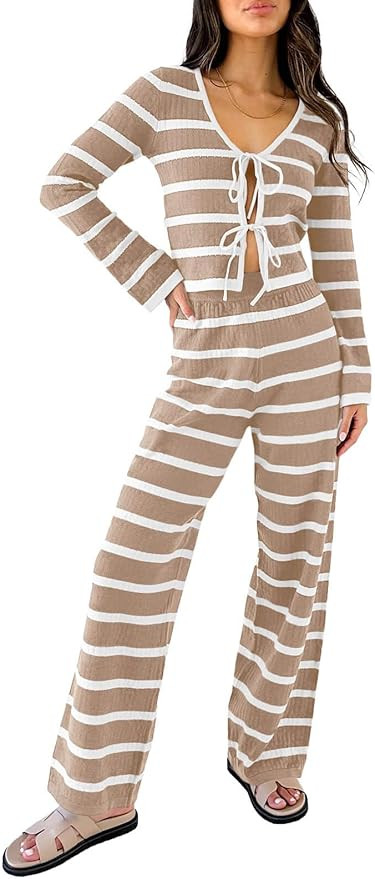 Tankaneo Womens Tie Front Top Lounge Sets Striped Knit Long Sleeve Shirts and Pants 2 Piece Pajam... | Amazon (US)