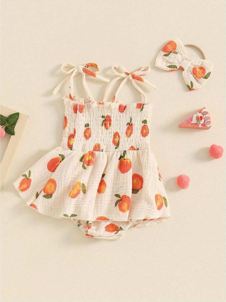 Baby Girls Summer Romper Dress Sleeveless Peach Print Cami Playsuit With Headband | SHEIN
