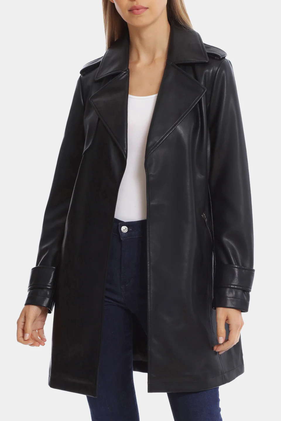 Avec Les Filles Women's Faux Leather Open Trench in Black Small Lord & Taylor | Lord & Taylor