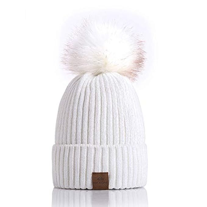 PAGE ONE Women Winter Pom Pom Beanie Hats Warm Fleece Lined,Chunky Trendy Cute Chenille Knit Twist C | Amazon (US)