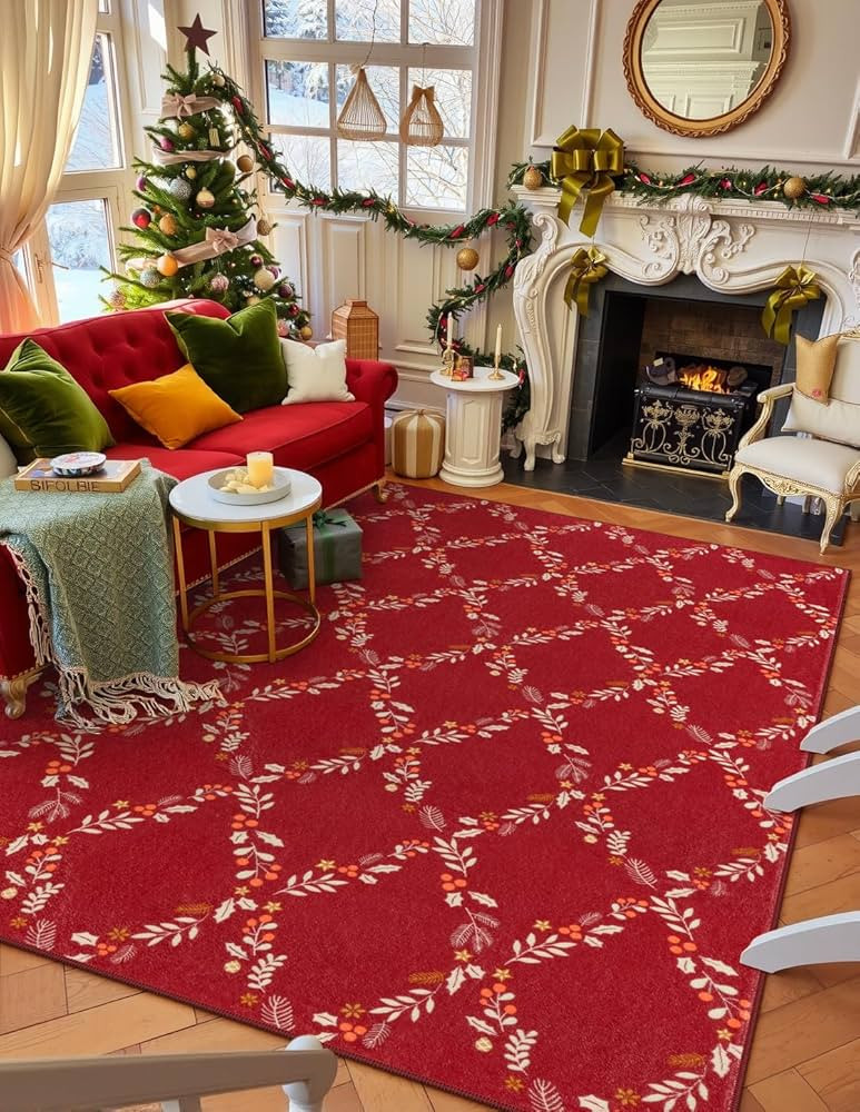 Seavish 2024 Christmas Rugs for Living Room 5x7 Red Area Rugs for Bedroom Aesthetic Low Pile Soft... | Amazon (US)