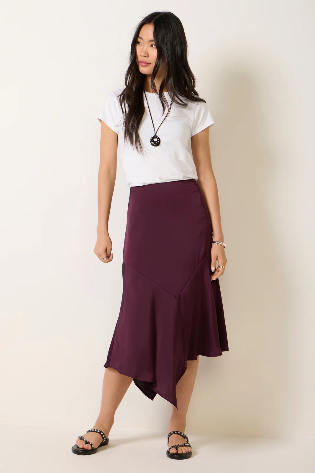 EVEREVE Women's Lana Asymmetrical Satin Skirt, Size XL, Wine Purple | Evereve