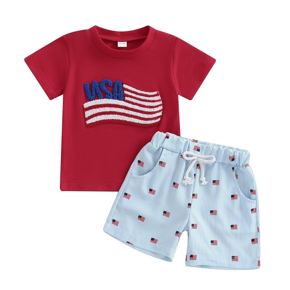 BeQeuewll Baby Boy 4th of july Outfit Short Sleeve Flag T-shirt Plaid Flag Shorts 2Pcs Summer 4th... | Amazon (US)