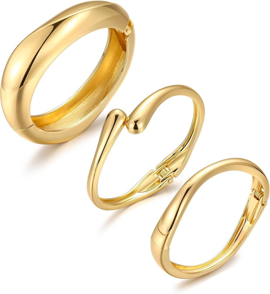 Chunky Gold Bangle Bracelets for Women, Dainty 14k Gold Plated Big Stackable Bangles Set, Trendy ... | Amazon (US)