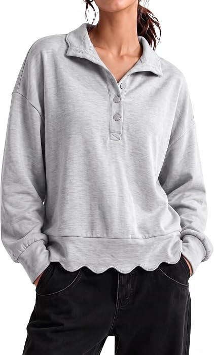 Fisoew Womens Sweatshirts Scalloped Henley Pullover Tops Fall Outfits | Amazon (US)