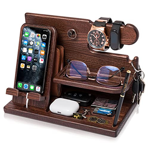TESLYAR Wood Phone Docking Station for Men - Desk Accessories & Workspace Organizer - Nightstand Organizer - Birthday Gifts for Men or Dad - Idea for Anniversary - Key Holder - Stand Watch (Brown) | Amazon (US)