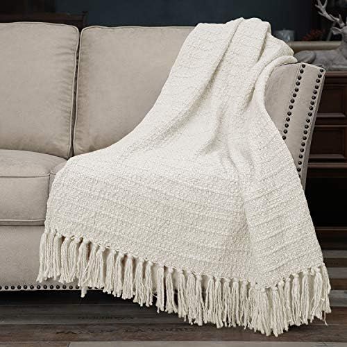 Thick Chunky Cream White Knitted Throw Blanket for Couch Chair Sofa Bed, Chic Boho Style Textured... | Amazon (US)