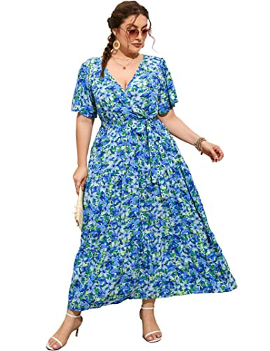 ShopWonder Womens Plus Size V Neck Wrap Maxi Dress High Waist Ruffle Summer Casual Dress with Belt Big Blue Flower XL | Amazon (US)