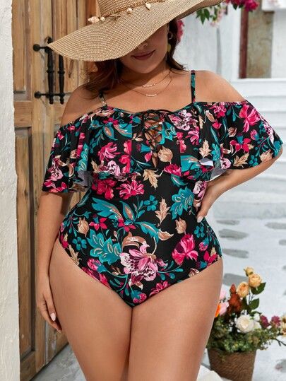 Plus Floral Print Lace Up Front Ruffle Trim One Piece Swimsuit | SHEIN