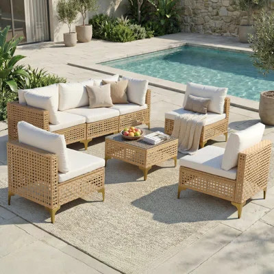 7 Piece Patio Furniture Set, Outdoor Wicker Modular Sectional Patio Conversation Set With Thicker Cushion & Tempered Glass Coffee Table For Backyard | Wayfair North America