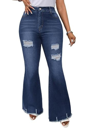 Mesily Women's High Waist Ripped Flare Jeans, Raw Hem, Blue Wash, S | Amazon (US)