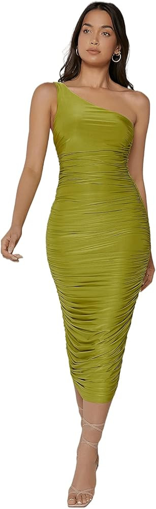 SheIn Women's Ruched One Shoulder Backless Bodycon Dress Sleeveless Midi Dresses | Amazon (US)