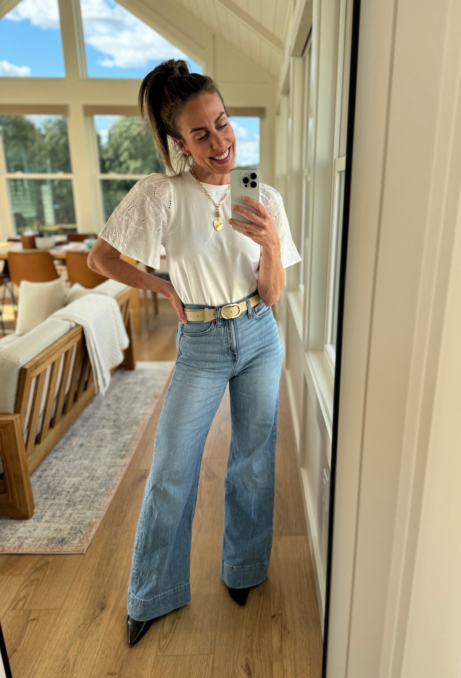 Jeans: xs / regular length (size down one) 
Eyelet target Top: xs

#LTKxTarget #LTKsalealert #LTKfindsunder50