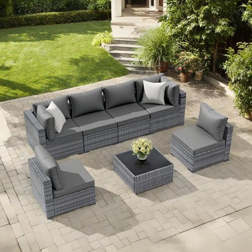 XTWEEX 7-Piece Outdoor Rattan Sectional Sofa Set, Wicker Patio Furniture with Coffee Table, Grey Cushions, Patio Conversation Set for Your Villa, Balcony, Porch, Backyard | Amazon (US)