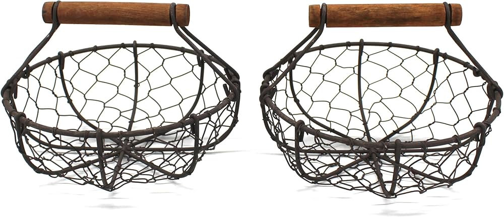 CVHOMEDECO. Chicken Wire Egg Baskets Rust Gathering Baskets with Wooden Handle Country Vintage St... | Amazon (US)
