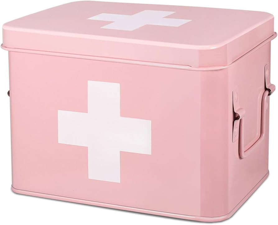 Flexzion Metal First Aid Box Empty, 8.5 Inch Pink Vintage First Aid Storage Box, First Aid Tin Container with Dividers, Removable Tray, Side Handles and Cross Logo | Amazon (US)