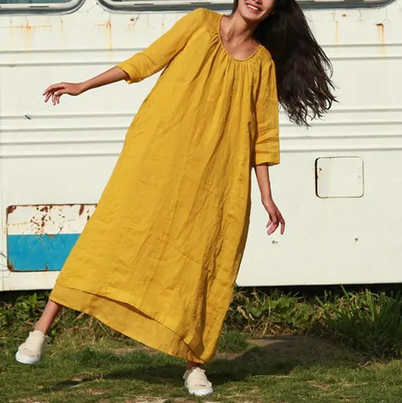 Yellow tunic dress 3/4 sleeve long dress loose caftan linen dress double layers maxi dress spring... | Etsy (US)