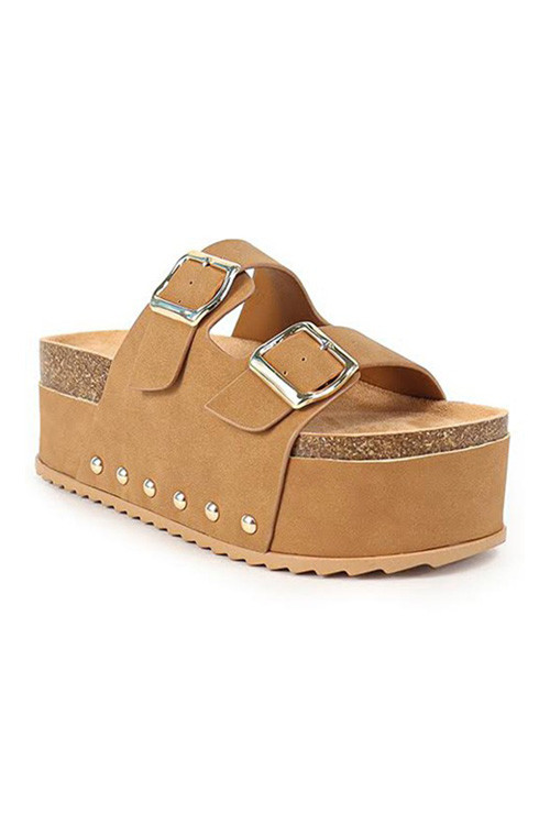 Platform Double Strap Buckle Sandals with Cork Sole-Brown Tan | Fashion Junkee