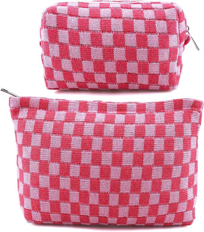 Wowang 2pcs Cute Makeup Bag Checkered Cosmetic Bag Makeup Pouch Travel Toiletry Bag for Women Aes... | Amazon (US)