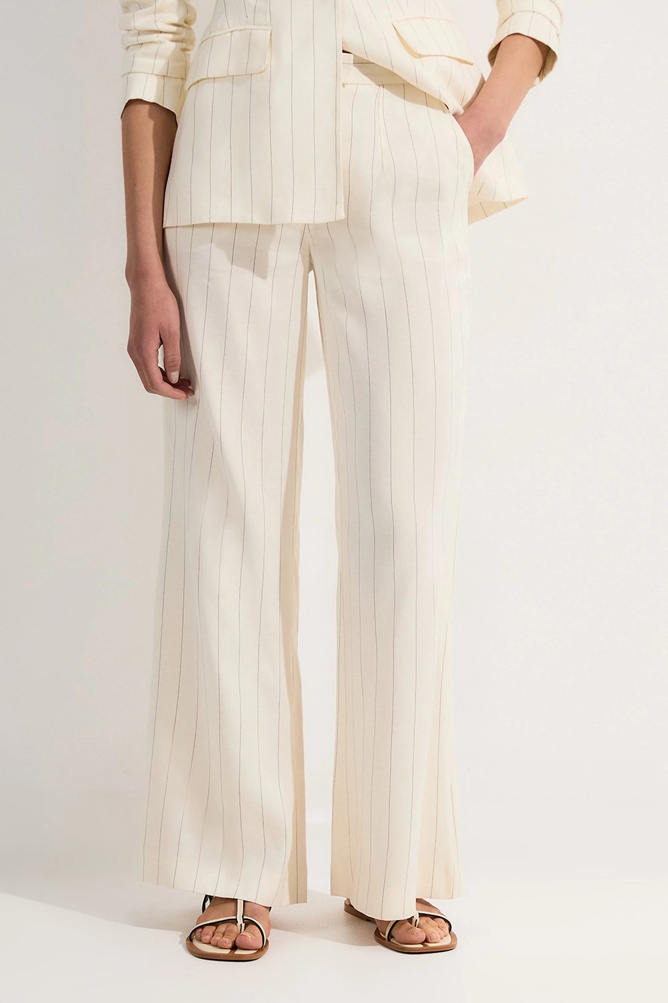 Petite Premium Linen Viscose Pinstripe Tailored Wide Leg Trouser | Karen Millen | Karen Millen UK + IE + DE + NL