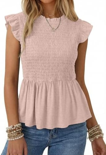 SHEWIN Womens Blouses Peplum Babydoll Summer Tops Ruffle Sleeve Dressy Casual Elegant Ladies Soli... | Amazon (US)