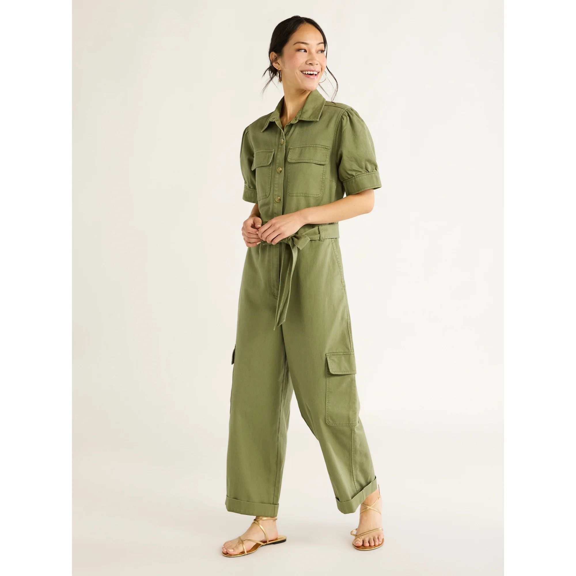 Free Assembly Women's Puff Shoulder Cargo Jumpsuit, Sizes, XS-XXL | Walmart (US)