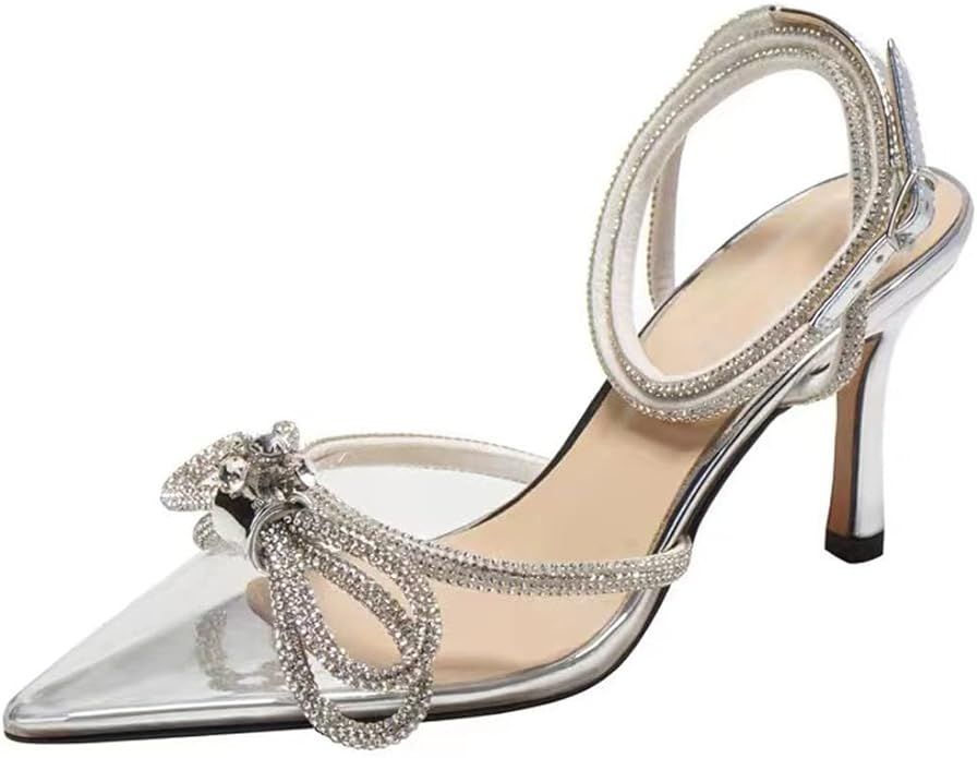 Women's Pointy Toe Satin High Heels Ankle Strap Rhinestone Stilettos Bowknots Wedding Sandals | Amazon (US)