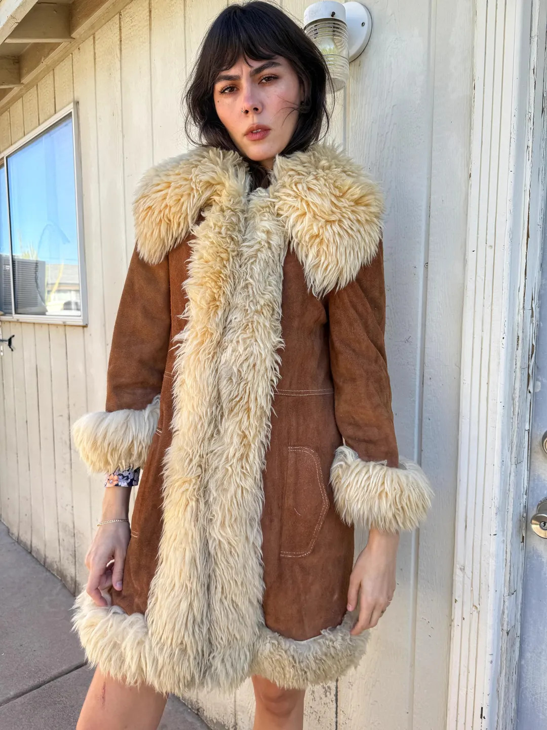 70s Suede Penny Lane Coat: Vintage Brown Leather Jacket With Shearling Fur Trim, Size M | Etsy (US)