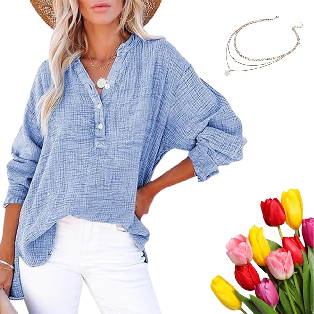 Womens Casual Gauze Button Neck Long Sleeve Oversized Blouses Tops, Lightweight Loose V Neck Pull... | Amazon (US)