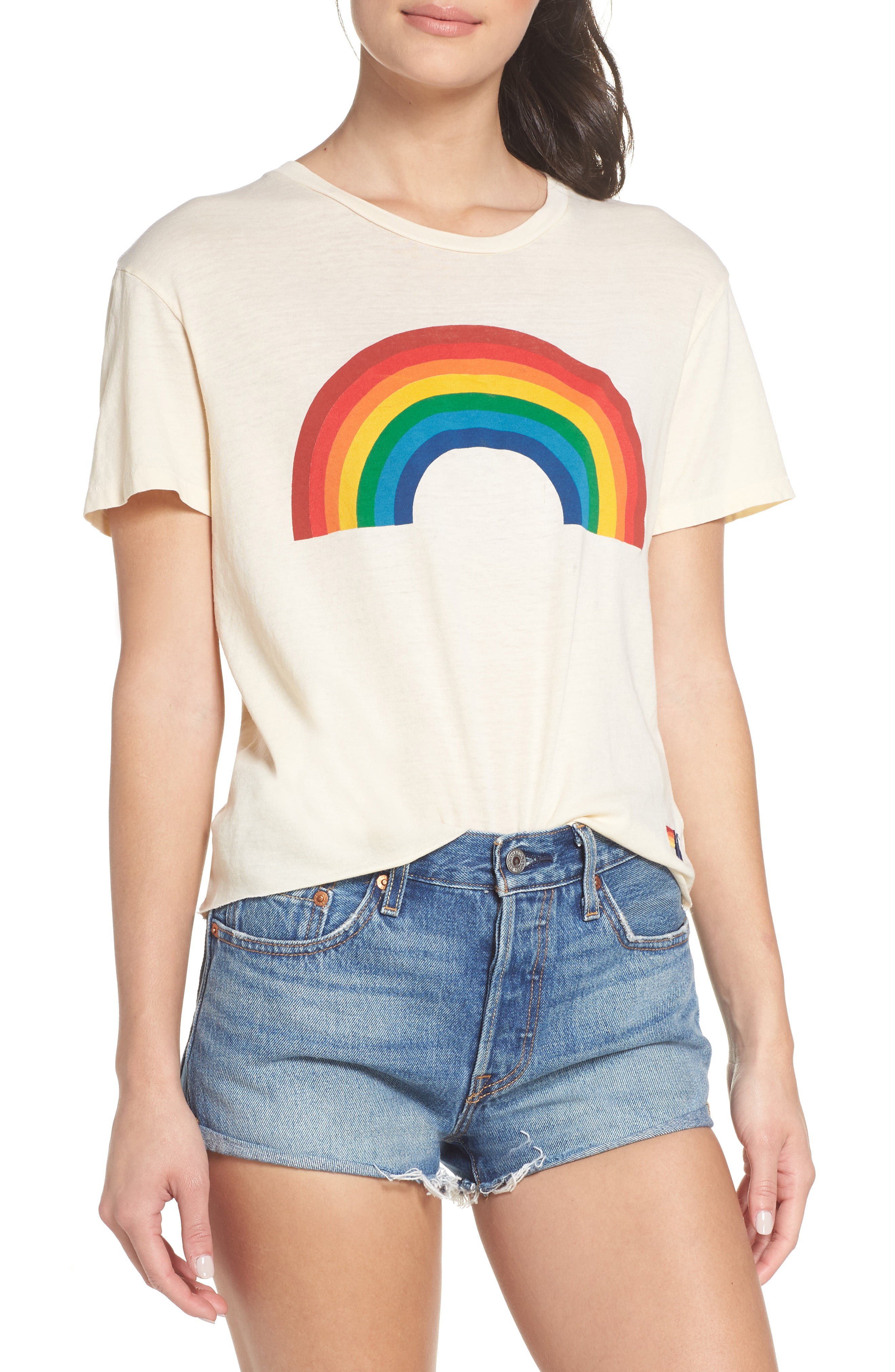 Women's Aviator Nation Big Rainbow Boyfriend Tee, Size Medium - Beige | Nordstrom