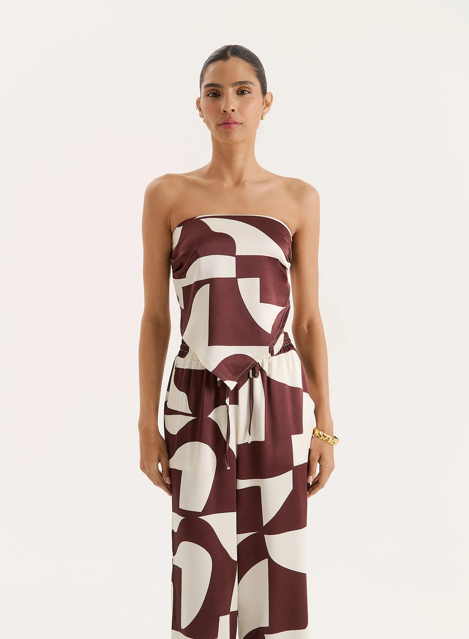 Chocolate Abstract Print Satin Bandeau Top- Bradie | 4th & Reckless
