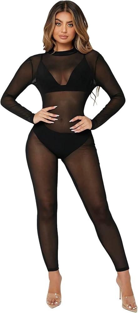 MakeMeChic Women's Long Sleeve Cut Out Back Sheer Mesh Skinny Jumpsuit | Amazon (US)