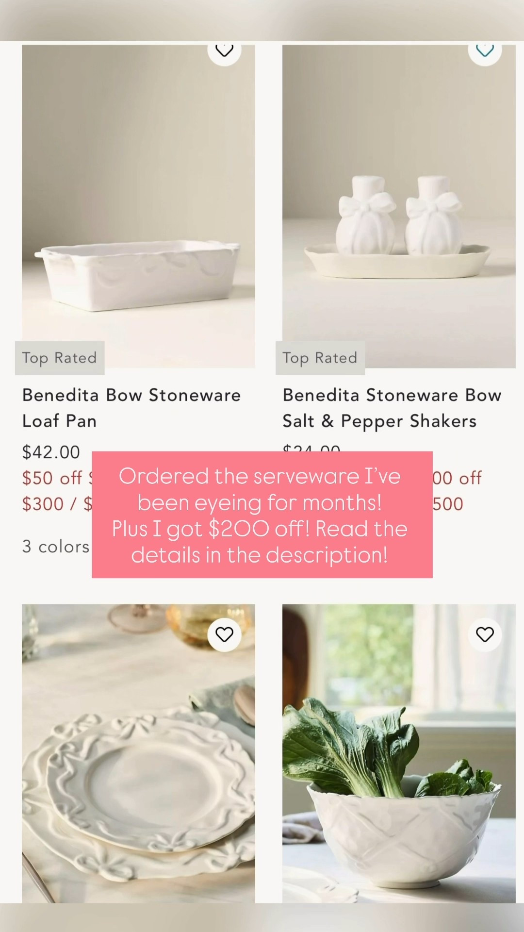 Ordered plates and serveware I’ve been wanting for months!
Plus I got $200 off!
Here’s how I got the deal (this is for a limited time)

Order 1 $150 off
Spoon rest
Side plates x2
Dinner plates x2
Butter dish
Bowls x2
Loaf pan
Salt and pepper shakers

Order 2 $50 off 
Serving bowl
Cake stand
Pie dish
Trivet x2 

#LTKSaleAlert #LTKHome #LTKGiftGuide