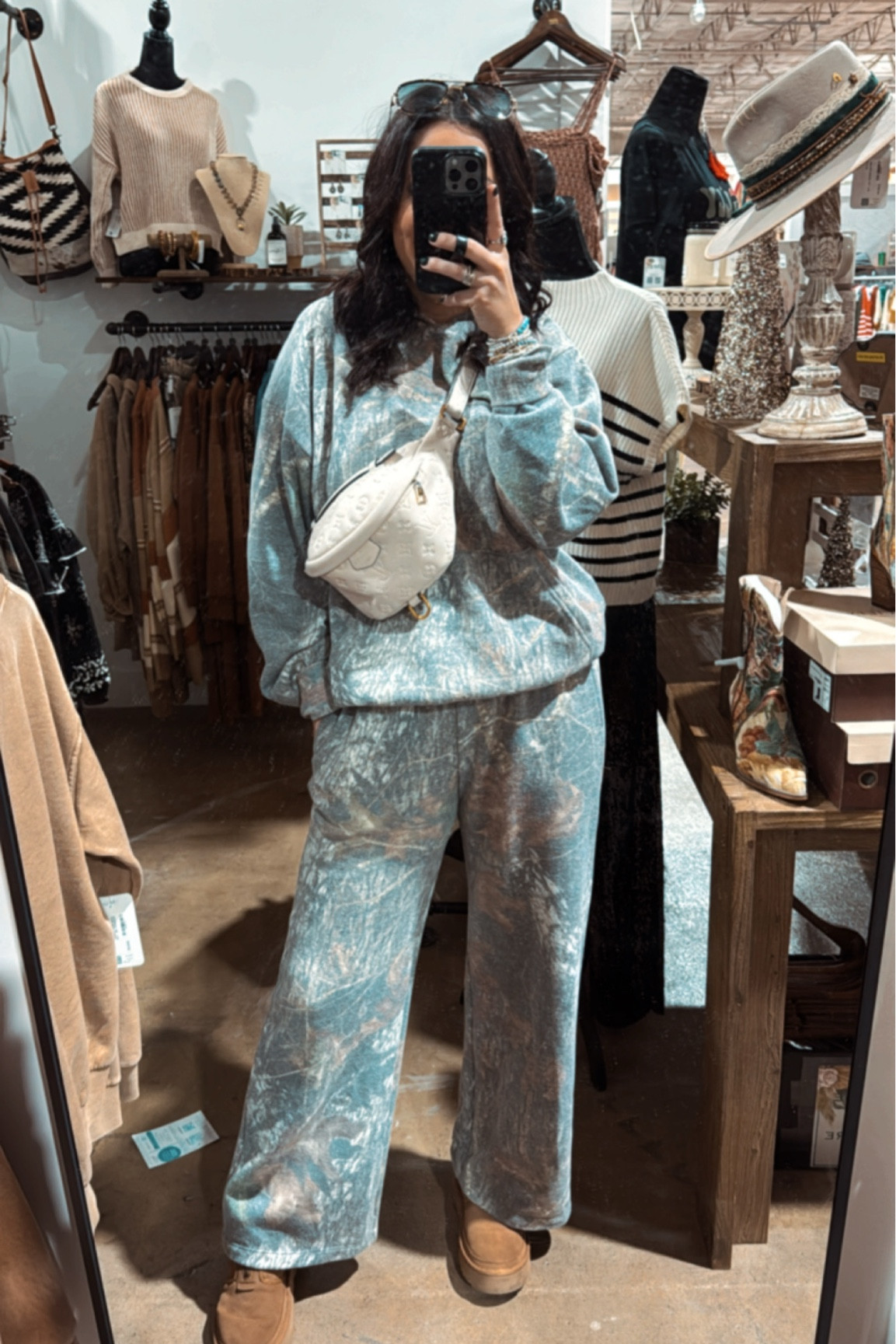 Camo sweatshirt and sweatpants  tribe Kelley set - Louis Vuitton bumbag and Ugg boots 

#LTKStyleTip #LTKShoeCrush #LTKTravel