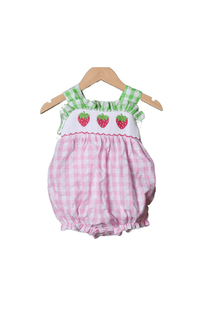 Smocked Strawberry Seersucker Bow Bubble | The Smocked Flamingo