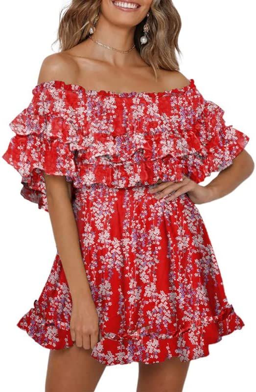 Dokotoo Womens 2023 Summer Floral Print Off The Shoulder Elastic Waist Boho Mini Dresses | Amazon (US)
