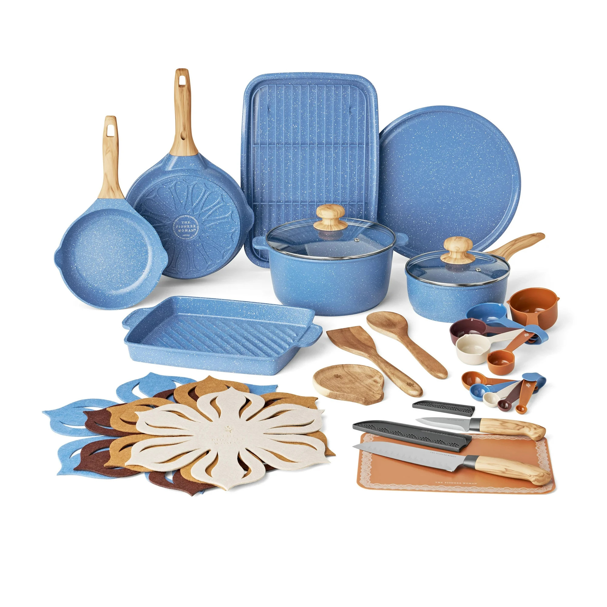 The Pioneer Woman 32-Piece Nonstick Cast Aluminum Cookware and Kitchen Utensil Set, Riverside Blu... | Walmart (US)