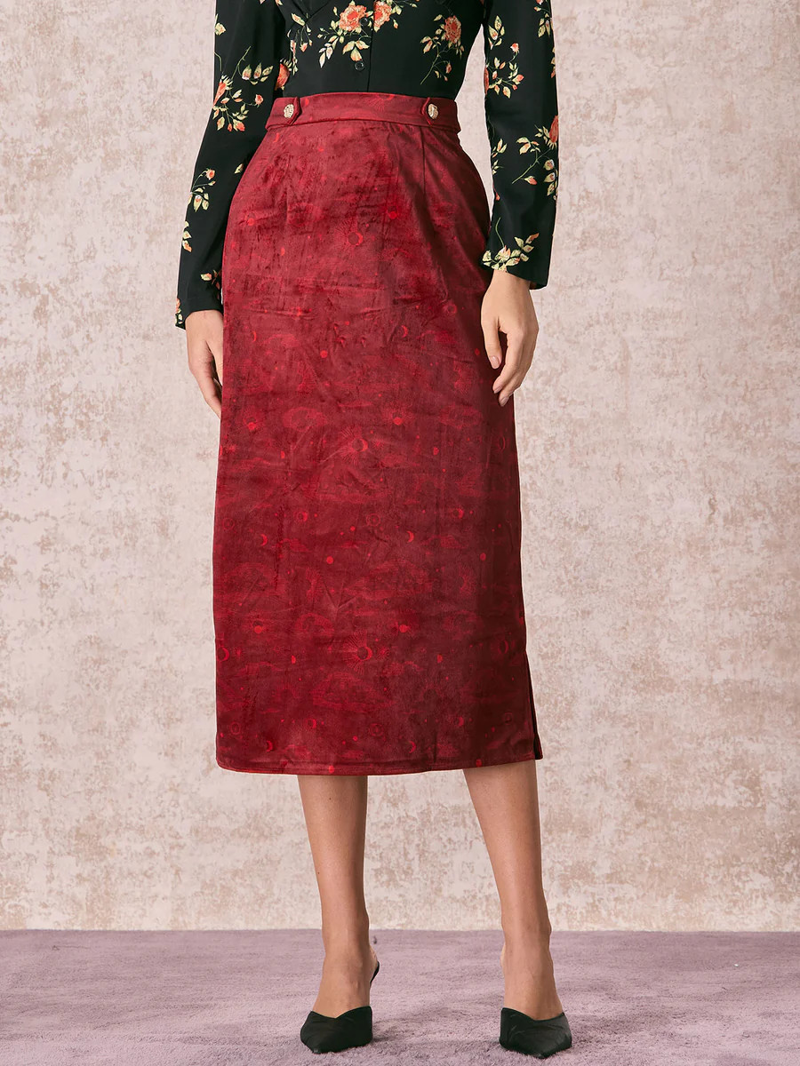 The Wine Red Split Hem Velvet Midi Skirt | rihoas.com