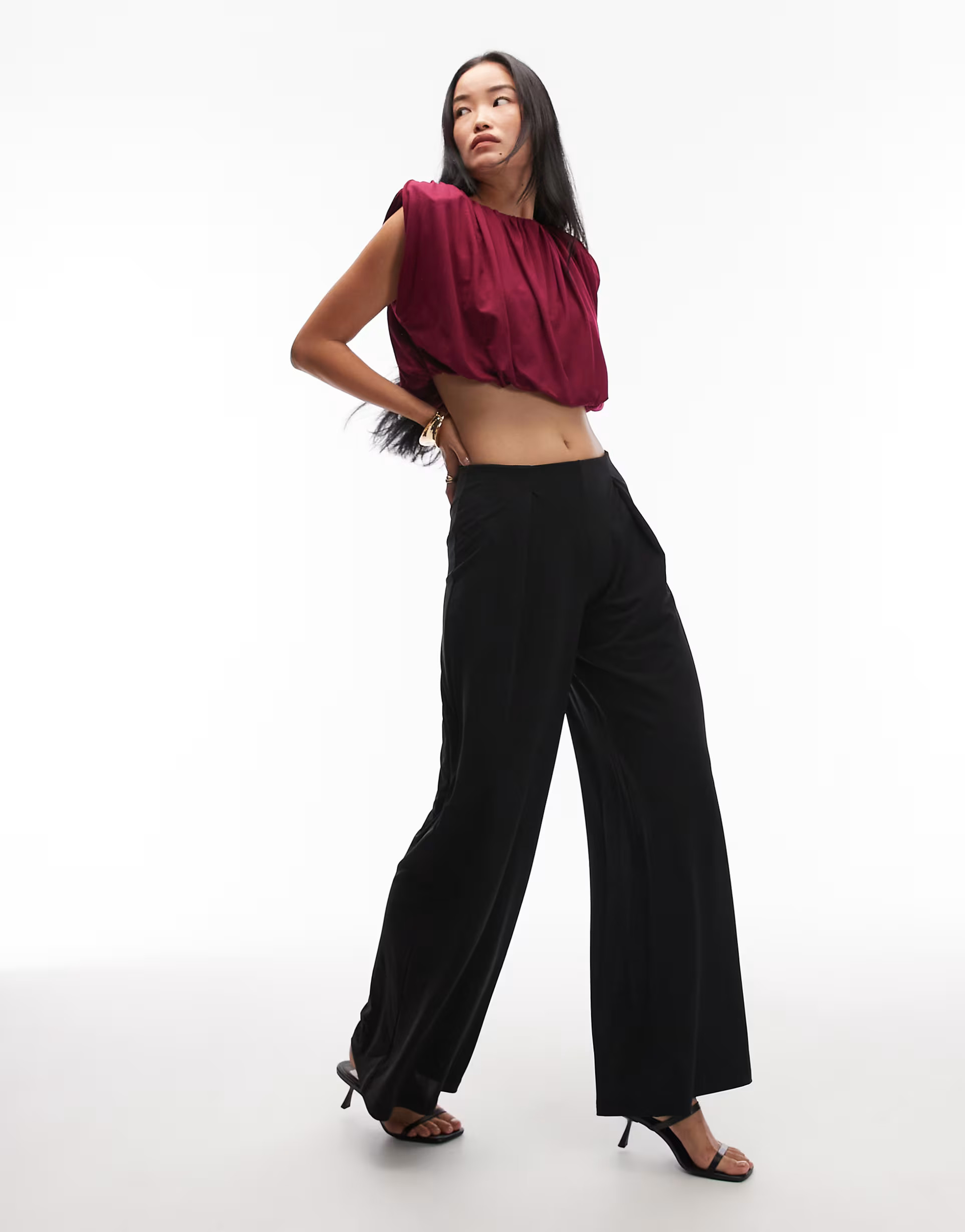 ASOS DESIGN shoulder pad detail bubble hem top with gathers in fig | ASOS (Global)