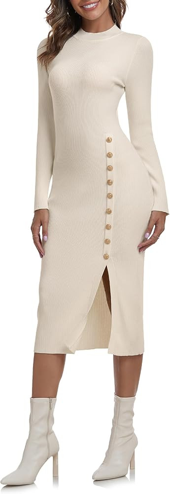 PrettyGuide Women's Mock Neck Sweater Dress Long Sleeve Fall Winter Ribbed Knit Bodycon Slit Midi... | Amazon (US)