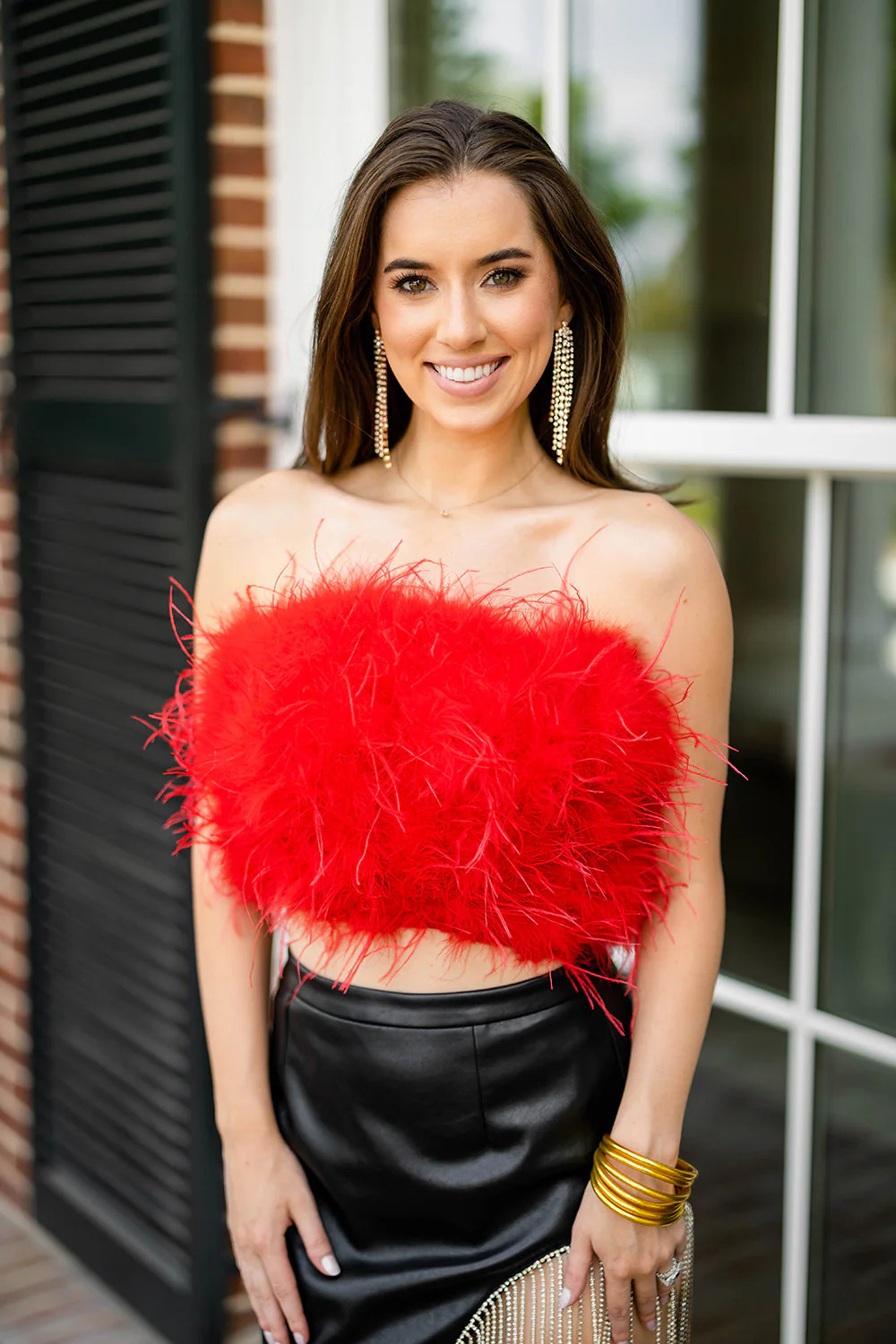 BuddyLove | Fancy Strapless Feather Crop Top | Crimson | BuddyLove