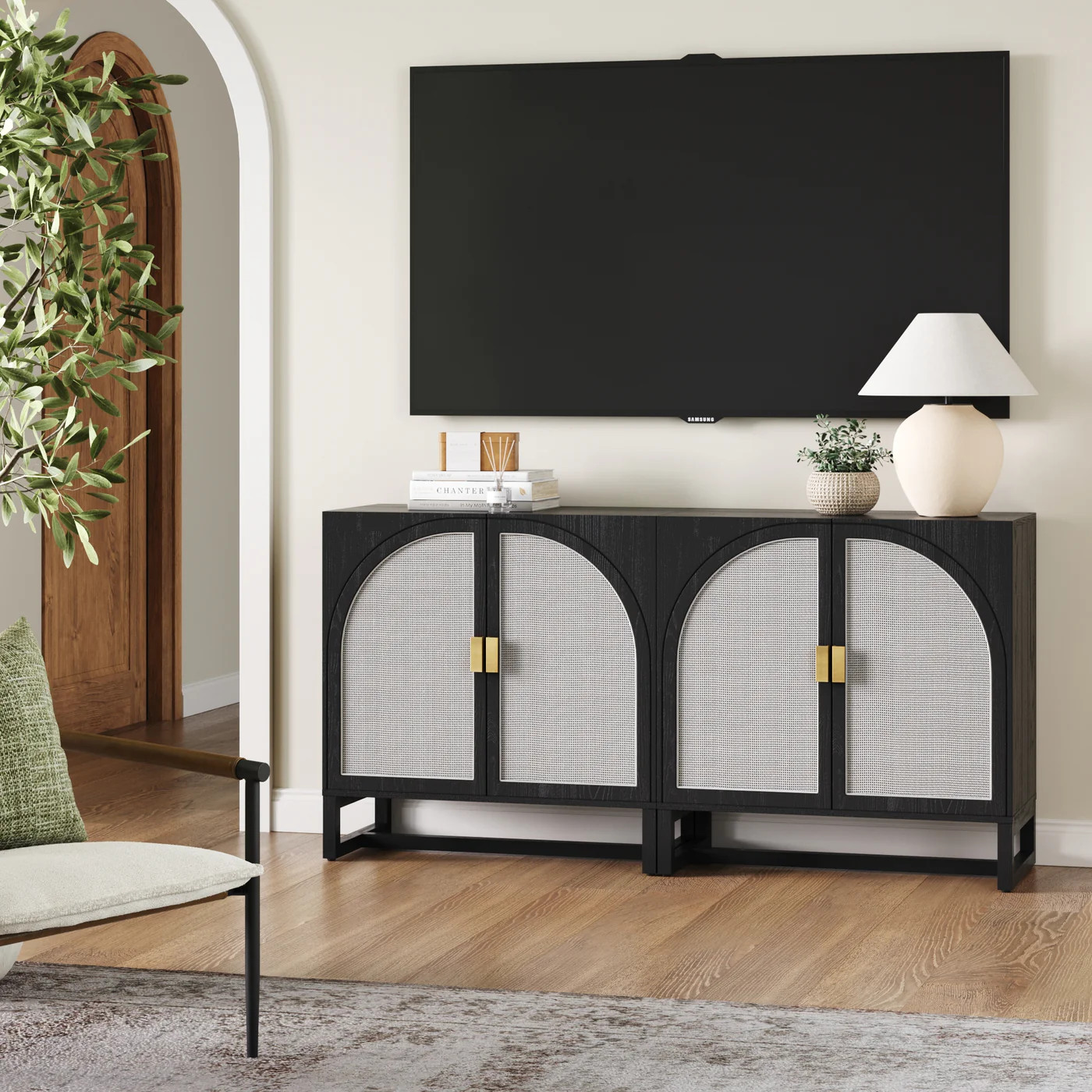 Rattan Arched TV Stand Media Console for TVs up to 65" Black | Nathan James