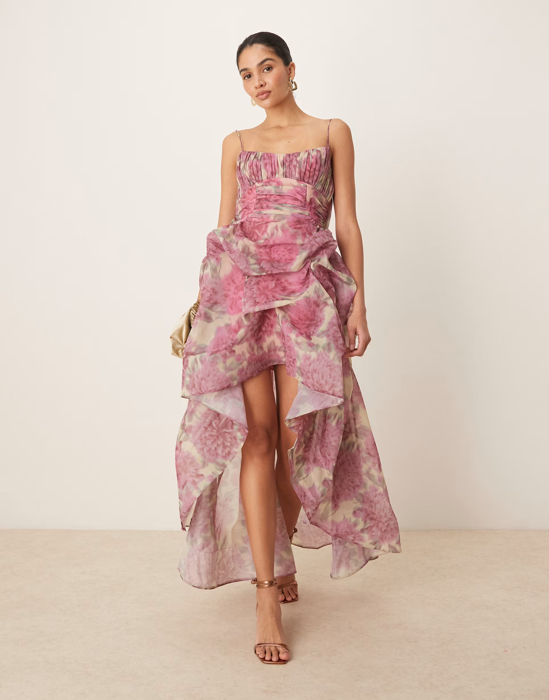 ASOS DESIGN organdie maxi dress with manipulated skirt and high-low hem in pink floral print | ASOS (Global)