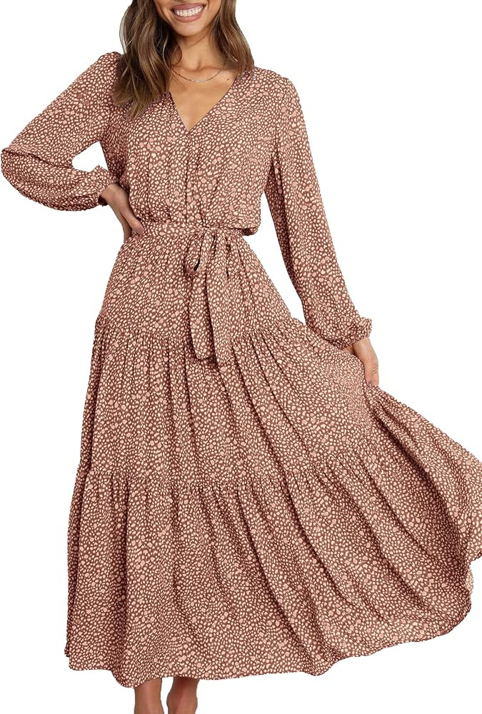 PRETTYGARDEN Womens Long Sleeve Boho Floral Wrap Maxi Dress | Amazon (US)
