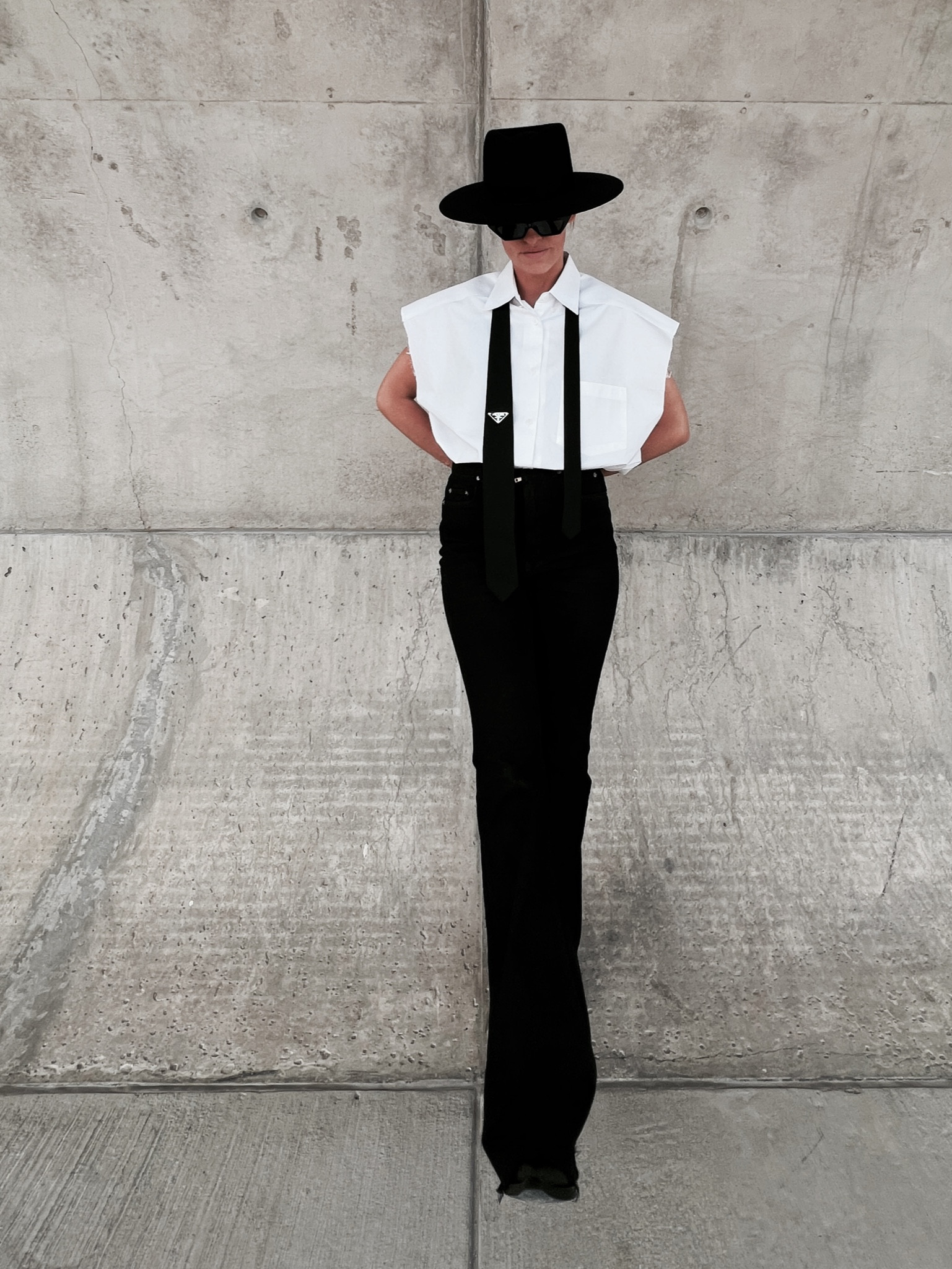 Black and white tailored summer wardrobe 🖤

#tiestyling #tie #blackhat #flareddenim #pradatie