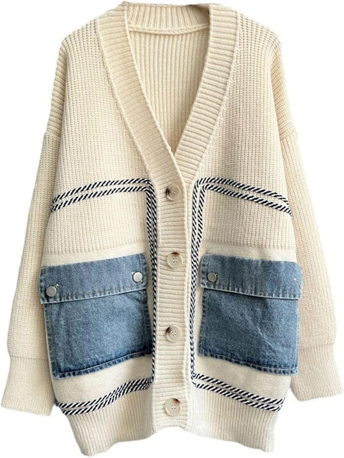 FindThy Women’s Casual Button Up Cardigan Oversized Long Sleeve Jean Patchwork Sweater Cardigan... | Amazon (US)