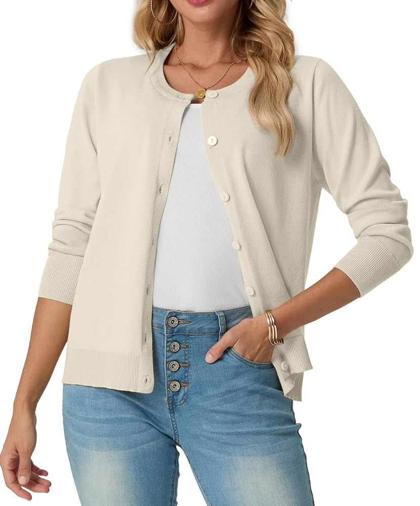 GRECERELLE Women's Long Sleeve Lightweight Crewneck Casual Cardigan Sweater, S-2XL | Amazon (US)