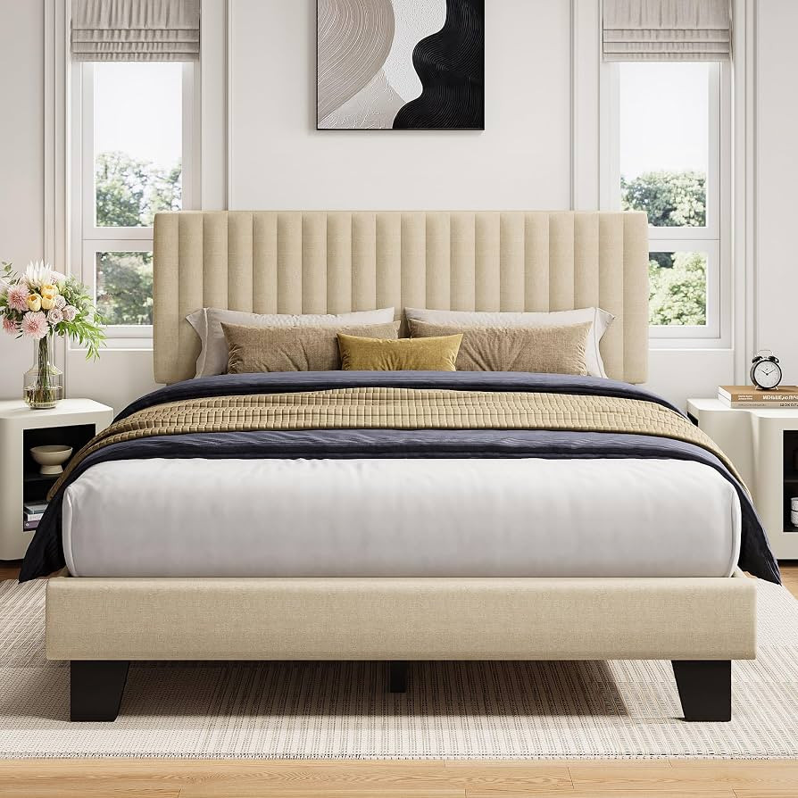 iPormis Queen Size Bed Frame, Upholstered Platform Bed with Vertical Linen Headboard, Wide Bed Le... | Amazon (US)