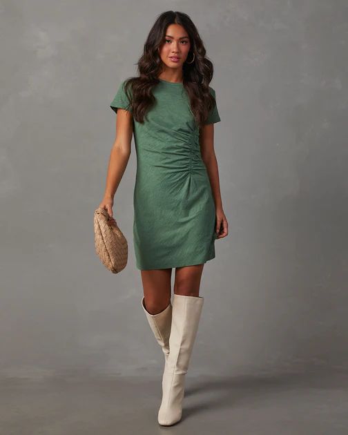 Janina Ruched Short Sleeve Mini T-Shirt Dress - Green | VICI Collection